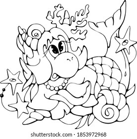 Funny Cartoon Star Cow in Mermaid costume, black and white isolated vector doodle stock illustration, cute print for coloring, books, greeting or invitation card, poster, fabric, logo, website or apps