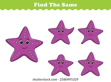 Funny cartoon starfish. Find same pictures. Educational game for children. Cartoon vector illustration