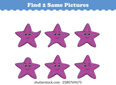 Funny cartoon starfish. Find two same pictures. Educational game for children. Cartoon vector illustration