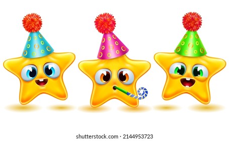 funny cartoon stars collection in party hats and with whistle . happy stars congrats happy birthday on white background. vector cartoon character illustration.