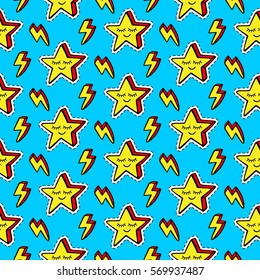 Funny cartoon stars patches seamless pattern on blue background. Trendy pop art 90s style. Fashion textile background