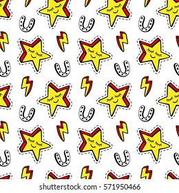 Funny cartoon stars patches seamless pattern, isolated on white. Trendy pop art 90s style. Fashion textile background