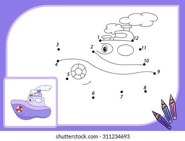 Funny cartoon steamship. Connect dots and get image. Educational game for kids. Vector illustration