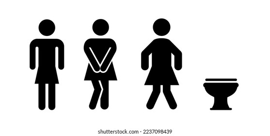 Funny Cartoon Stick Figuren oder Aufkleber und Toilettenlogo. Ruheraum oder Bad für die Leitung Mann oder Frau zu pissen. Toiletten für Damen. Vektor Clip Art WC Piktogramm. Die weibliche Toilette ist eine Ikone. 