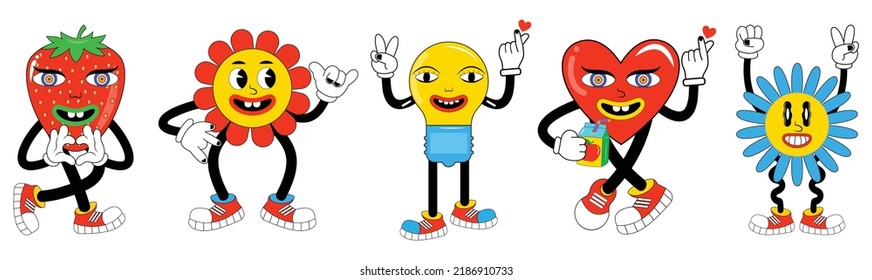 Funny Cartoon Sticker Pack Of Strawberry, Flower, Bulb Character, Heart Shape And Abstract Face. Cartoon Abstract Groovy Comic Funny Emoji Characters. Cute Comic Doodle Stickers, Psychedelic Sticker.