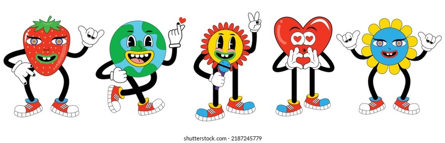 Funny Cartoon Sticker Pack Of Strawberry, Watermelon, Mushroom, Melting Face, Hearts, Flower,  