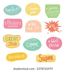 Funny cartoon stickers with short encouragement text : super job, you did it, wow, bravo, amazing. Teacher reward stickers. Communication, encouragement , education concept.