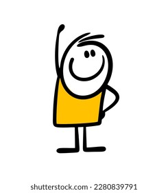 Funny cartoon stickman boy raised his hand in greeting and smiles. Vector illustration of a friendly person.