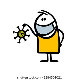 Funny cartoon stickman character in  medical mask holds a defeated covid virus in his hand. Vector illustration of scientist in hospital after a pandemic and epidemic.