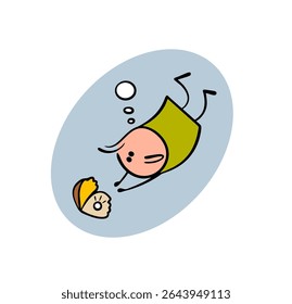 Funny cartoon stickman dives into the sea for prey. vector illustration of a pearl diver. Ocean floor and a beautiful open shell with a large pearl beckon the hunter.