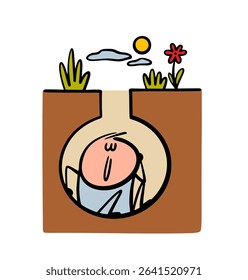 Funny cartoon stickman is hidden deep underground. Vector illustration of a boy sitting in a hole. Doodle cozy home for an animal. Isolated character on white background.