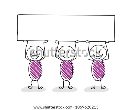 Funny cartoon stickman holding empty board for a text. Vector.