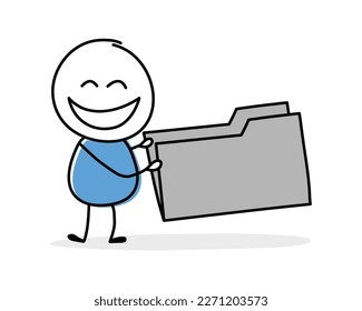Funny cartoon stickman holding file folder icon. Hand drawn design for a business presentation. Vector illustration
