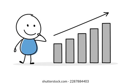 Funny cartoon stickman holding graph icon. Hand drawn design for a business presentation. Vector illustration