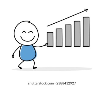 Funny cartoon stickman holding graph icon. Hand drawn design for a business presentation. Vector illustration