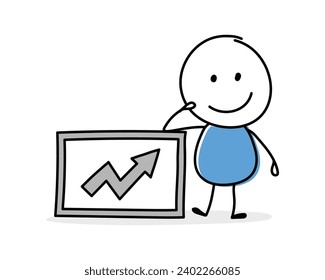 Der lustige Cartoon-Sticker, der eine Grafik mit Pfeilsymbol hält. Handgezeichnetes Design für eine Geschäftspräsentation. Vektorgrafik