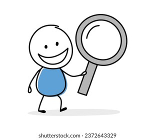 Funny cartoon stickman holding magnifier icon. Hand drawn design for a business presentation. Vector illustration