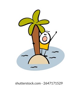 Funny cartoon stickman is holding onto a palm tree on a desert island in the middle of the ocean, screaming loudly, calling for help. Vector illustration of a man in trouble.