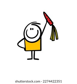 Funny cartoon stickman holds a fresh carrot drom the farm in rising up hand. Vector illustration of harvest demonstration.