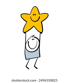 Funny cartoon stickman holds his hands high and holds a yellow star with a human face. Vector illustration of a happy guy. Doodle hand drawn winner was successful.