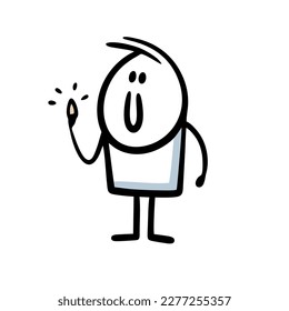 Funny cartoon stickman holds seed and going to plant a garden of fruit trees. Vector illustration of doodle gardener.