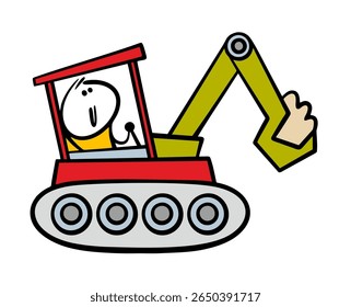 Funny cartoon stickman man is driving in transport and working at a construction site. Vector illustration of a driver in an excavator digging the ground.
