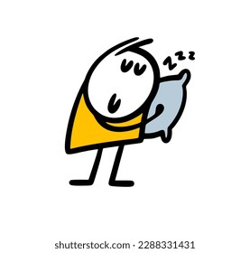 Funny cartoon stickman put his head on the pillow, sleeps and has wonderful dreams. Vector illustration of stick figure character