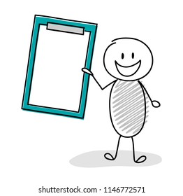 Funny cartoon stickman showing  clipboard with copyspace. Vector.