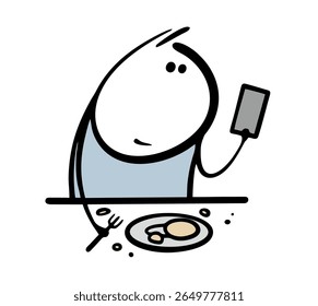 Engraçado adesivo de desenho animado senta-se em uma mesa, almoça e olha para seu telefone. Ilustração vetorial de um adolescente desleixado, um gadget extravagante e comida espalhada em pratos.