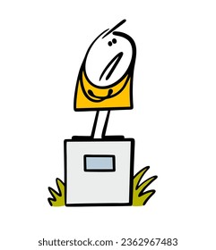Funny cartoon stickman stands on a pedestal with his arms crossed and looks up. Vector illustration of monument in honor of famous person, scientist or poet. National pride. Flat character isolated.