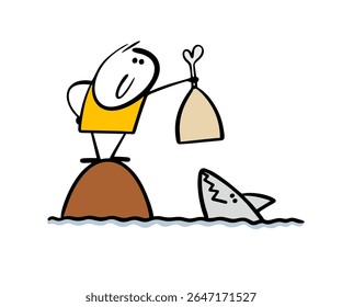 Funny cartoon stickman teases, feeds, and trains predatory fish in the sea, showing them bones and meat. Vector illustration of a shark in the ocean and food. Wet man on a desert island.