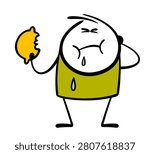 Funny cartoon stickman took bite of fresh lemon and wrinkled up. Vector illustration of grimace on face from   sour fruit. Drool and juice run down my cheeks and drip. Healthy food rich in vitamin C.