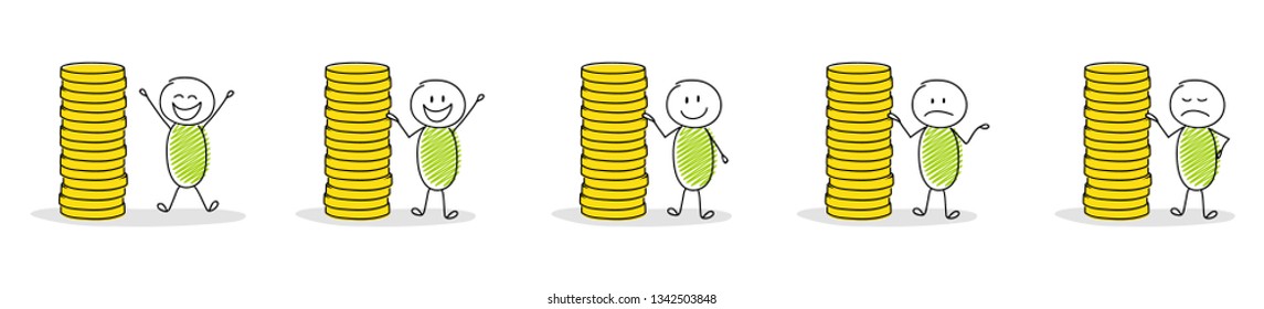 Funny cartoon stickmen with coin stack - set. Vector