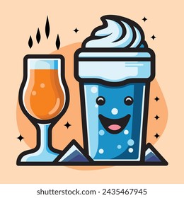 funny cartoon stile illustration of a juice cup and a cappuccino paper cup  