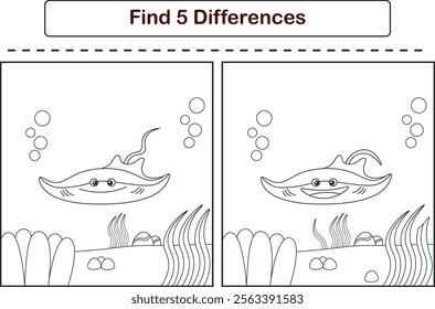 Funny cartoon stingray. Find 5 differences. Kids Education games. Cartoon vector illustration