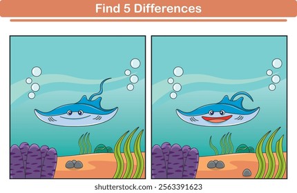 Funny cartoon stingray. Find 5 differences. Kids Education games. Cartoon vector illustration