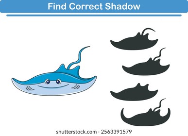 Funny cartoon stingray. find the correct shadow. Kids Education games. Cartoon vector illustration