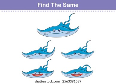 Funny cartoon stingray. Find same pictures. Educational game for children. Cartoon vector illustration