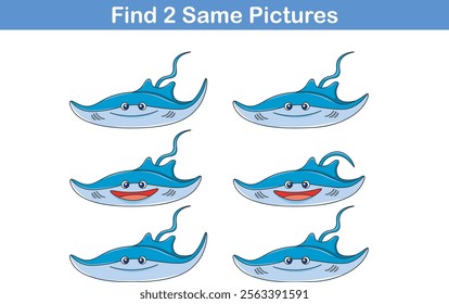 Funny cartoon stingray. Find two same pictures. Educational game for children. Cartoon vector illustration