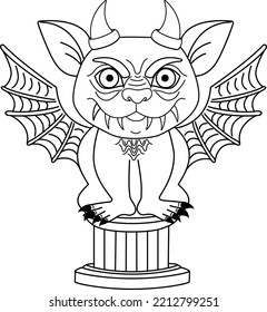 Funny cartoon stone gargoyle perched on a ledge. Vector illustration.