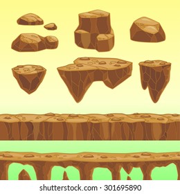 Funny cartoon stones, seamless bridge and road elements for game design, vector assets