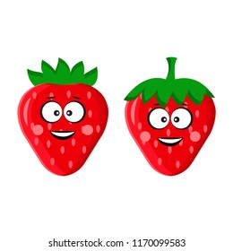 Funny cartoon strawberry icons. Fruit stylized characters. Vector illustration