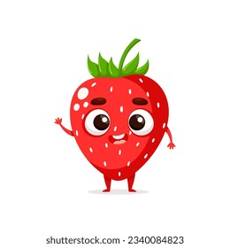 Funny cartoon strawberry. Kawaii berry character. Vector food illustration isolated on white background.