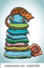 Funny cartoon striped cat sleeps on a pile of colored pillows