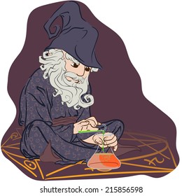 Funny cartoon style ancient Alchemist sitting inside pentagram and setting an experiment. EPS8 vector illustration.