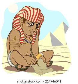 Funny cartoon style ancient Egyptian wrighting on a papyrus with a stylus. EPS8 vector illustration.