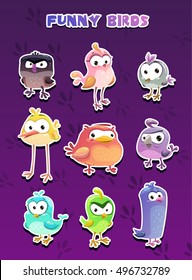 Funny cartoon style bird stickers collection on dark background. Comic birds icons set. Vector assets.