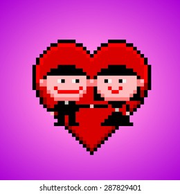 Funny cartoon style black suited married couple with heart clipart