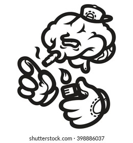Funny cartoon style brain with hands in cap, smoking cigarettes. Vector illustration.