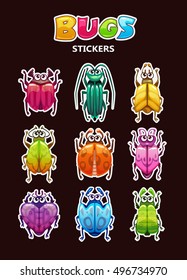 Funny cartoon style bugs stickers collection on dark background. Comic beetle icons set. Vector colorful insects, game assets.